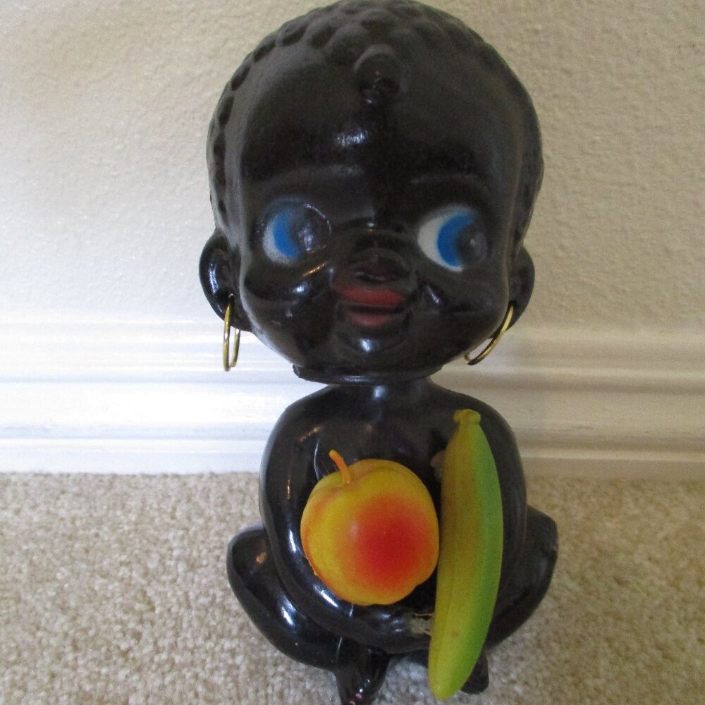 FINAL SALE! VTG Kenmar Black American Girl w/earrings & fruit Bobblehead, Bank